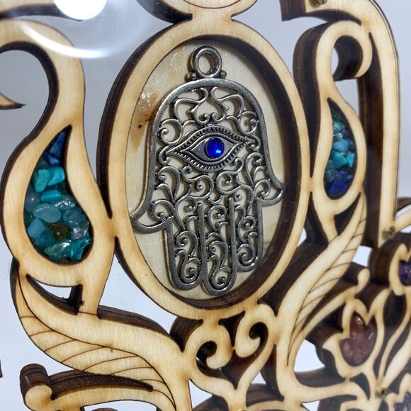 Large Wooden Hamsa House Blessing Good Luck Wall Decor Hebrew Stone Chips EUC - Picture 2 of 6